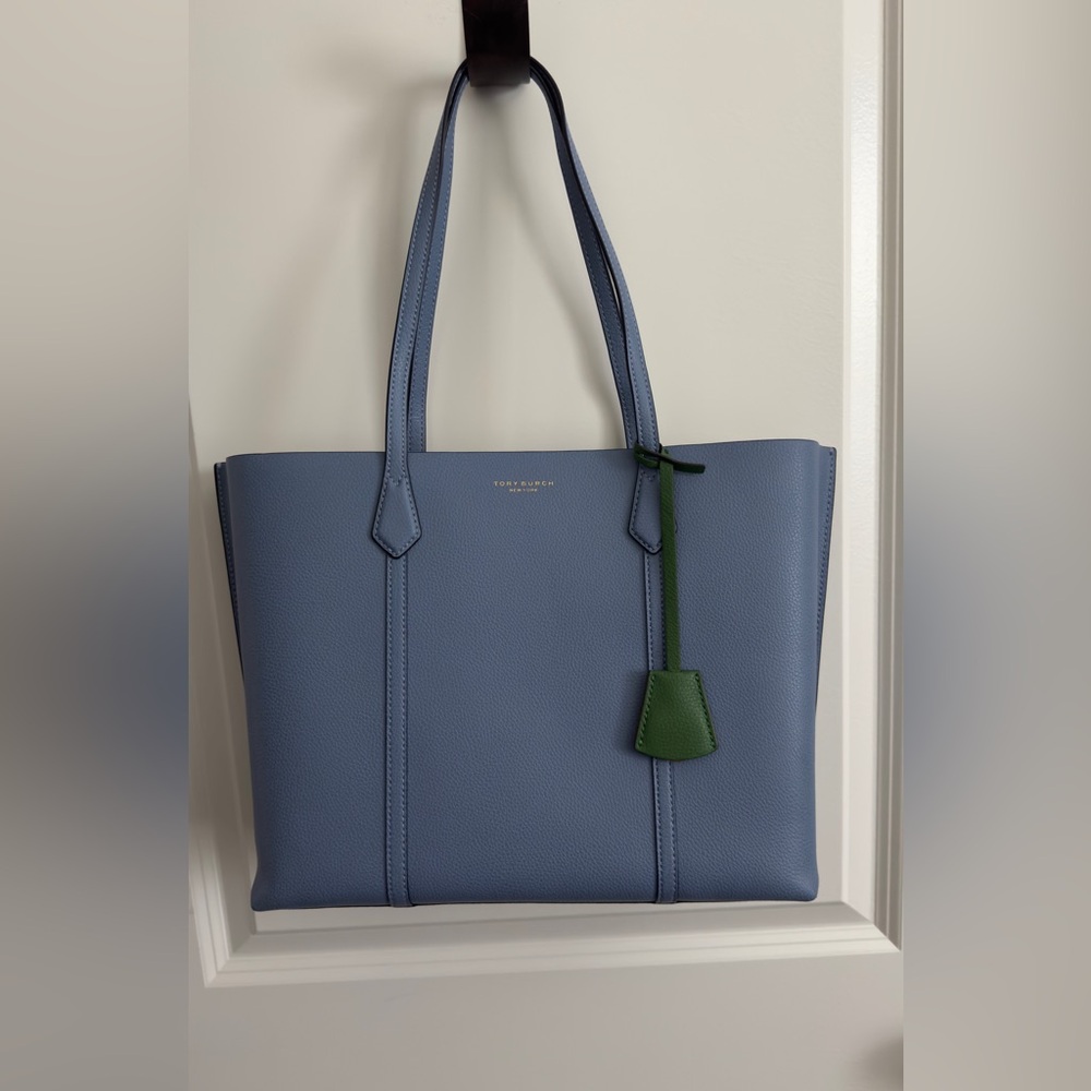 Tory Burch Perry Pebbled Leather Triple Compartment Tote Bluewood. New, No Tags.